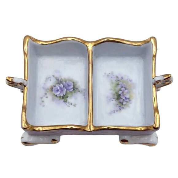 Cracker Barrel Victorian Style Floral Dual Tea Bag Caddy Holder 10k Gold Trim - Picture 2 of 6